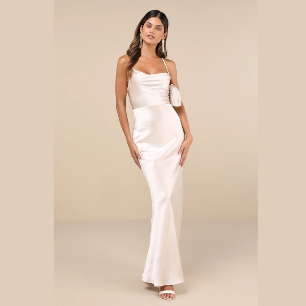 Lulus Champagne Satin Cowl Neck Maxi Dress Lace-Up Back Small New With Tags Snag